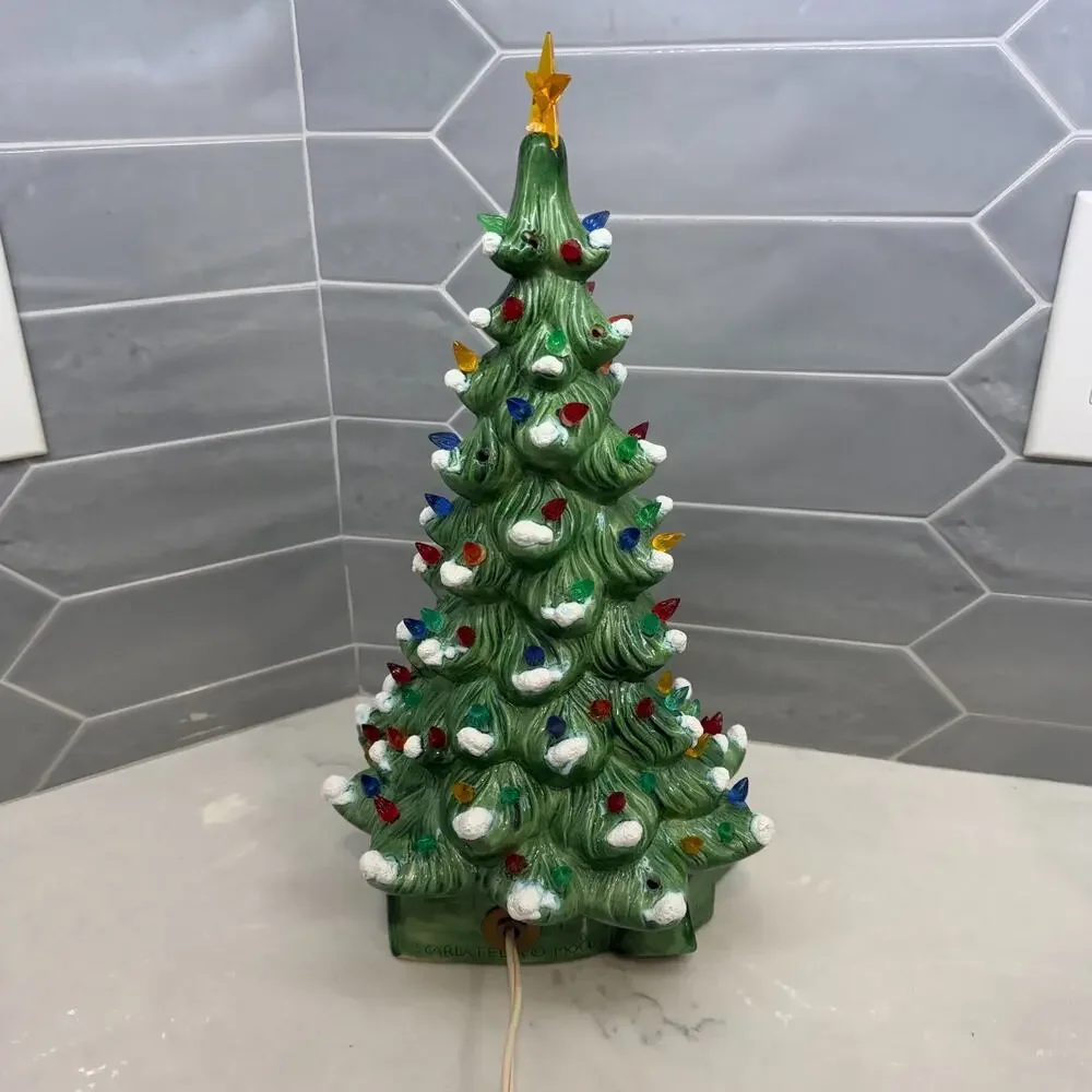 Vintage Ceramic Christmas Tree Lighted WORKS Nativity Snow Flocked Scarlatella